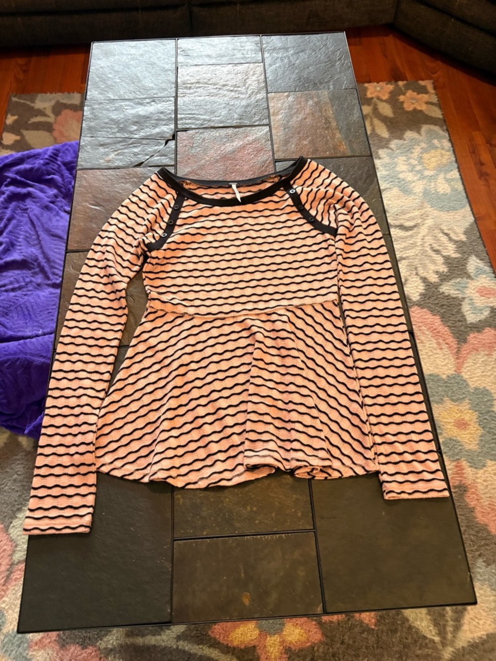 Free People Pink and Black Striped Long-Sleeve Peplum Top